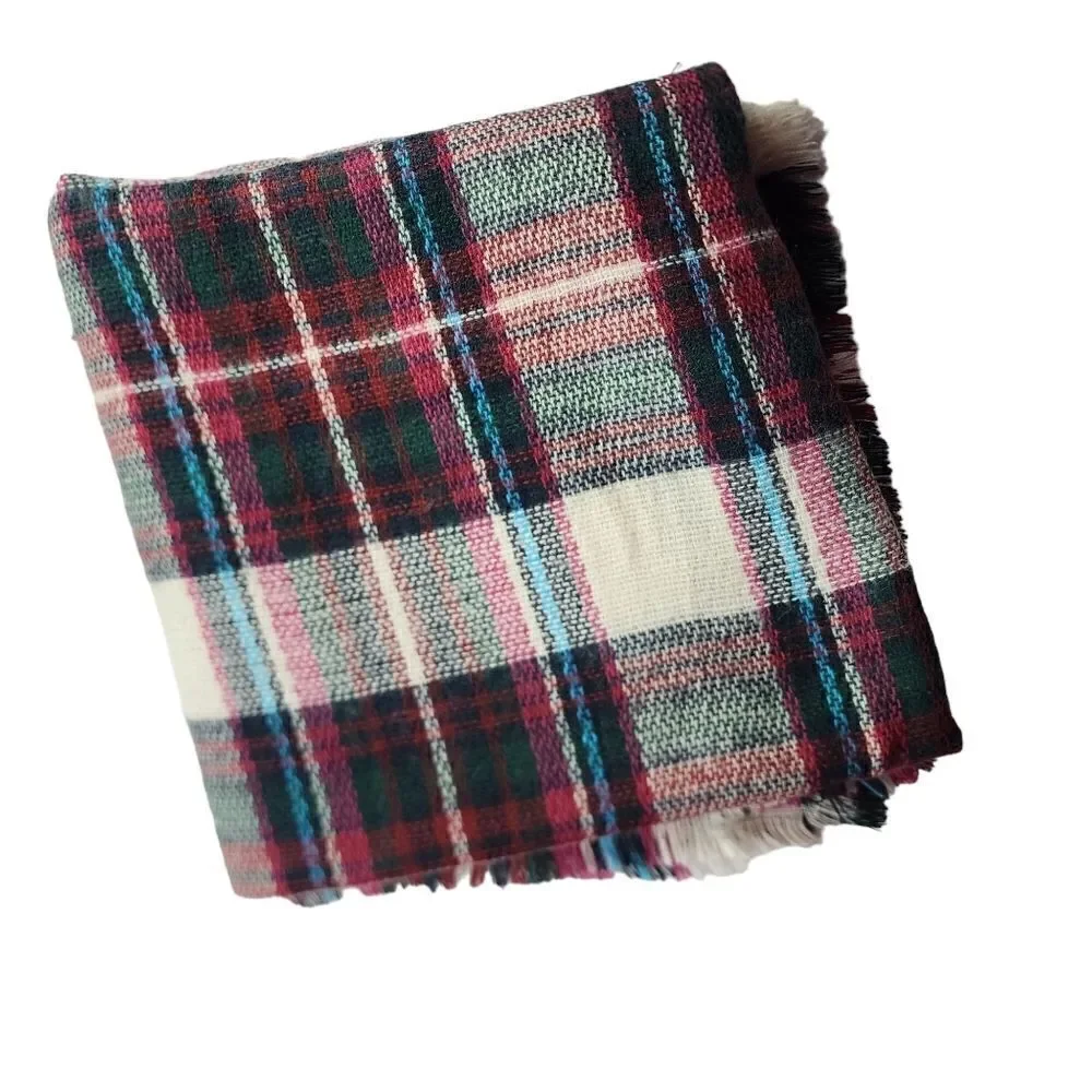 Cozy Oversized Plaid Blanket Scarf Wrap Fringe Trim